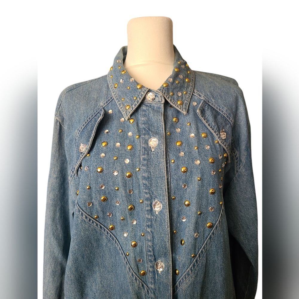 M.E.Z.A. Vintage Women’s Denim Shirt Rhinestones Gold Buttons Size L 90s Fashion